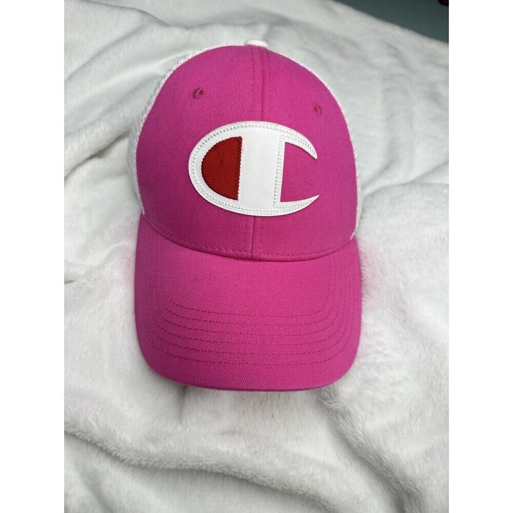 Champion Hat Cap Trucker Snap Back Pink White Mesh Logo Unisex One Size